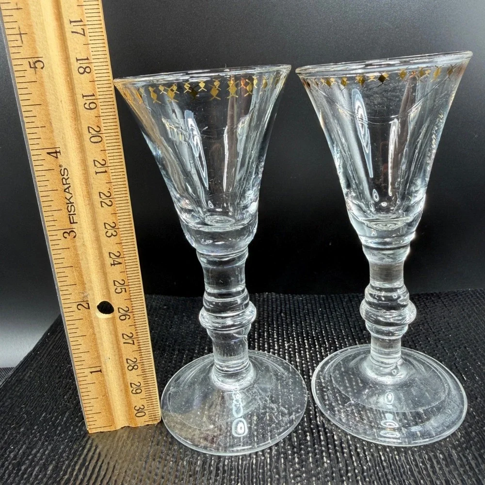 West Elm‎ Gold Cordial Glasses Set of 2 Clear Glass Stemmed Barware Cups Glasses